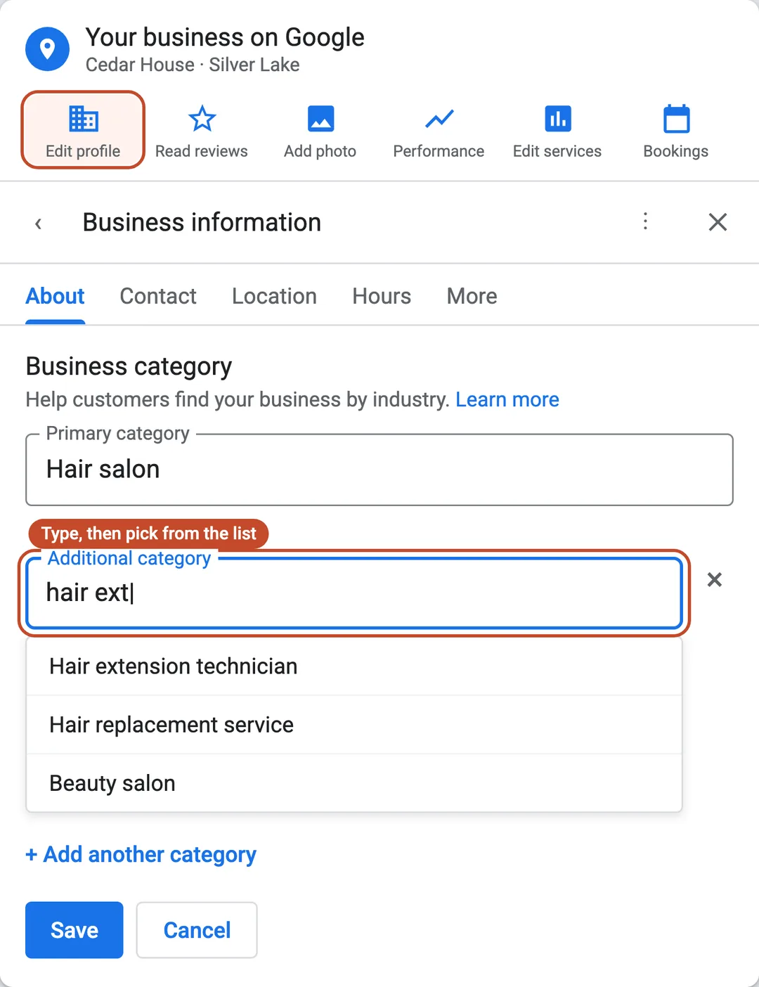 Labeled illustration of the Google Business Profile editor showing the Business category fields, with Hair salon as the primary category and an additional-category search open