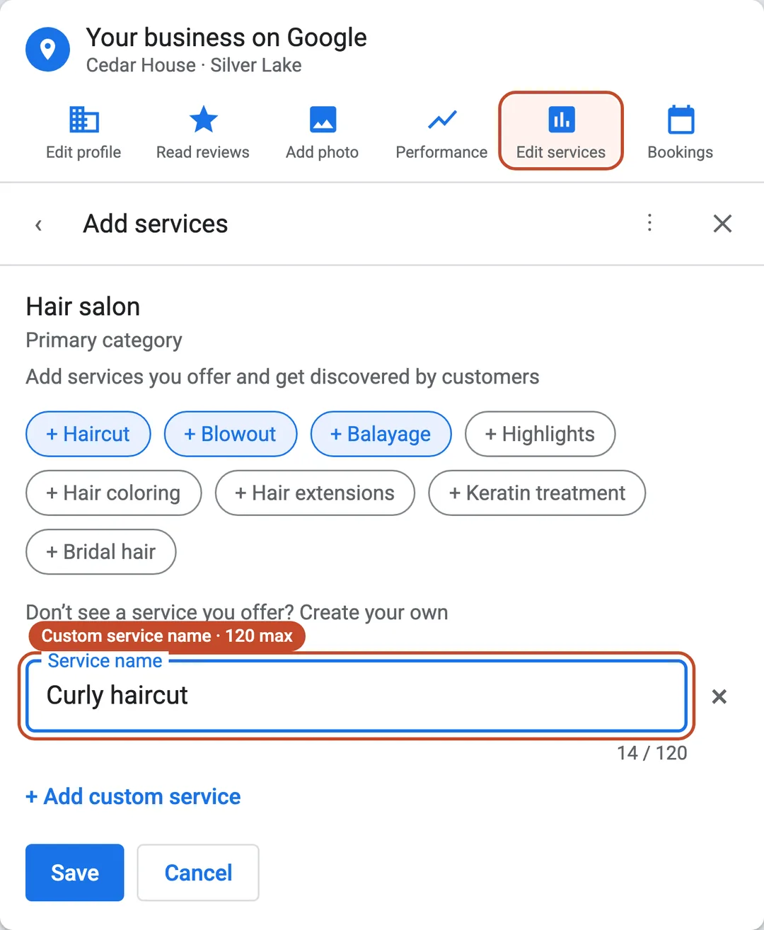 Labeled illustration of the Google Business Profile Add services screen with suggested salon services and a custom service field for Curly haircut