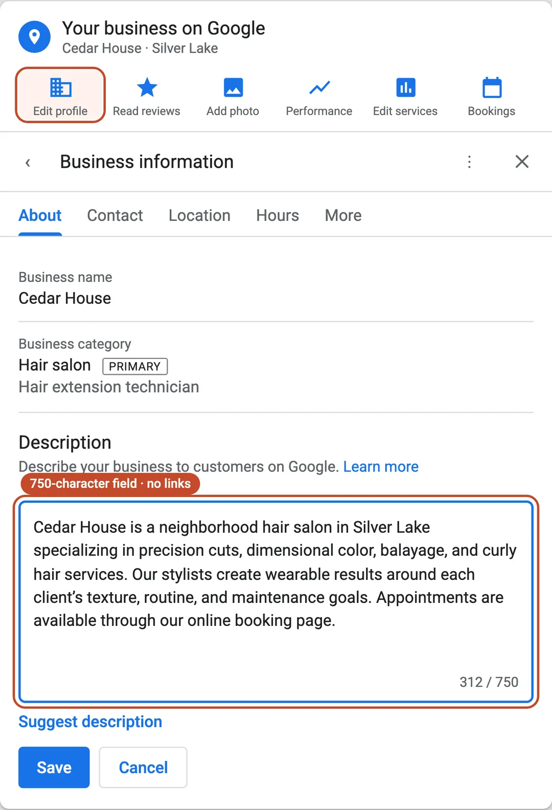 Labeled illustration of the Google Business Profile description field with a 750-character limit and example salon copy