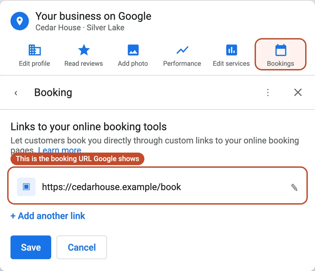 Labeled illustration of the Google Business Profile Booking panel showing an existing booking URL and Add another link