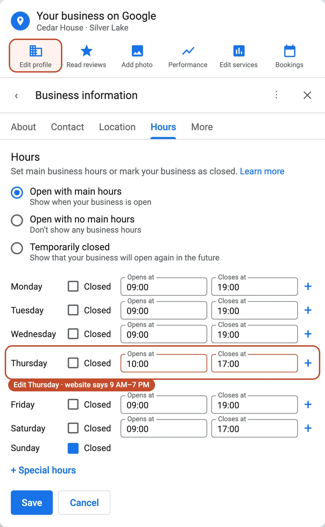 Labeled illustration of the Google Business Profile Hours tab with Open with main hours selected and Thursday 10:00–17:00 highlighted as a mismatch