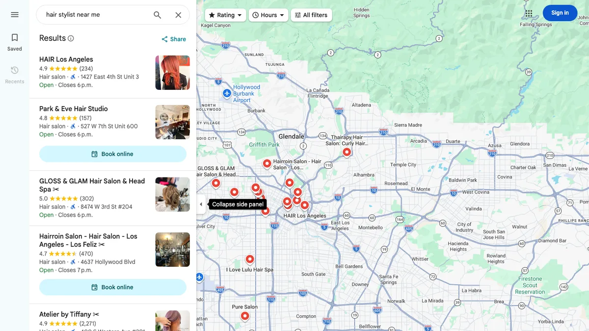 Google Maps results for a hair stylist search centered on Los Angeles, showing local salon listings, ratings, addresses, and booking buttons
